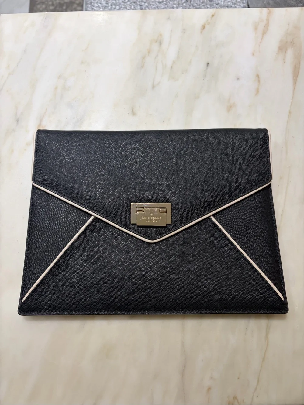 kate spade Black Envelope Clutch with Cream Trim and Gold Plaque